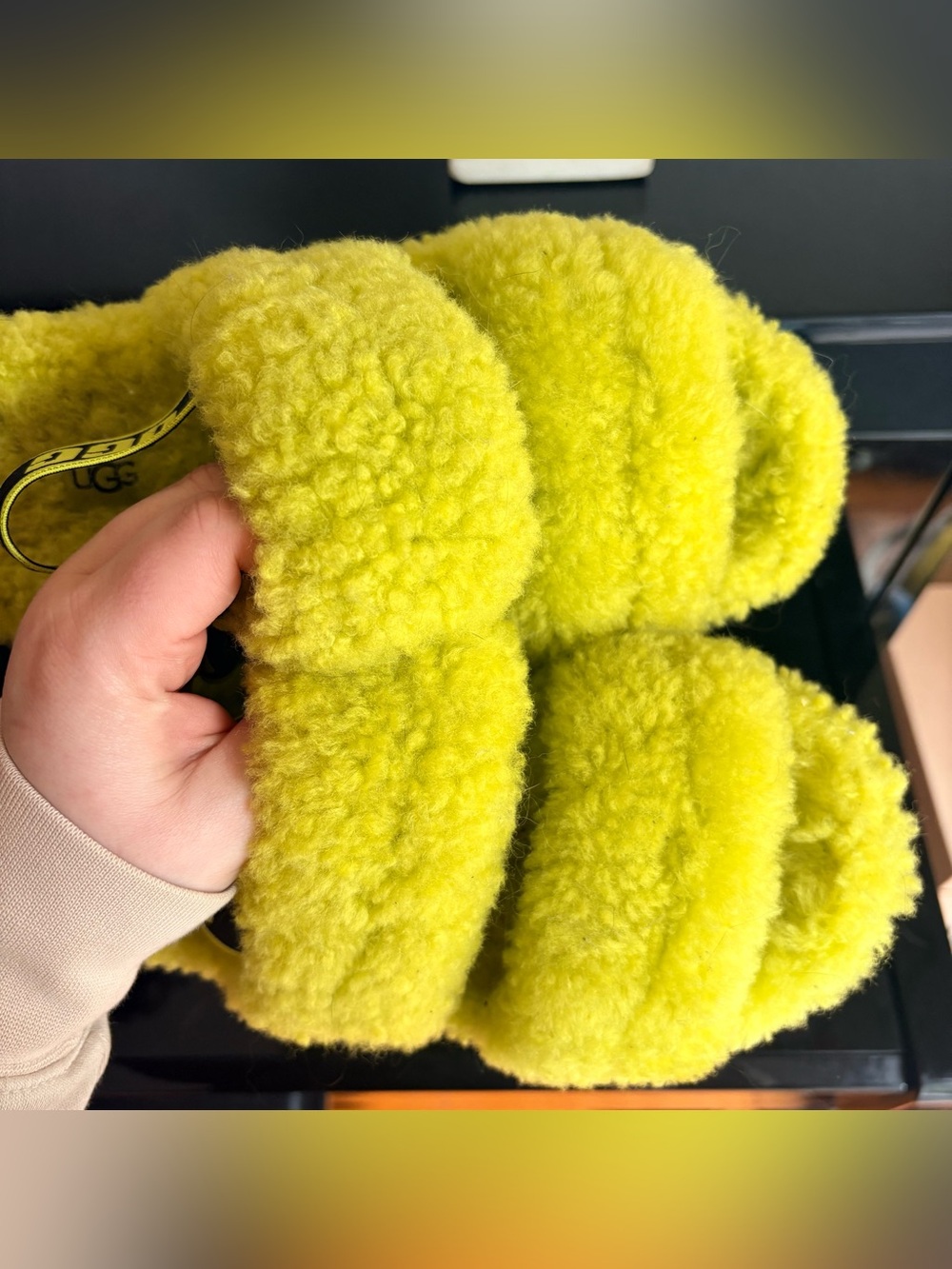 UGG Neon Yellow Fluff Slide with Branded Elastic Strap - Picture 5 of 5
